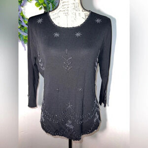 Rochelle California,L, beaded, scoop-neck, 3/4 sleeve ripped stretch knit blouse